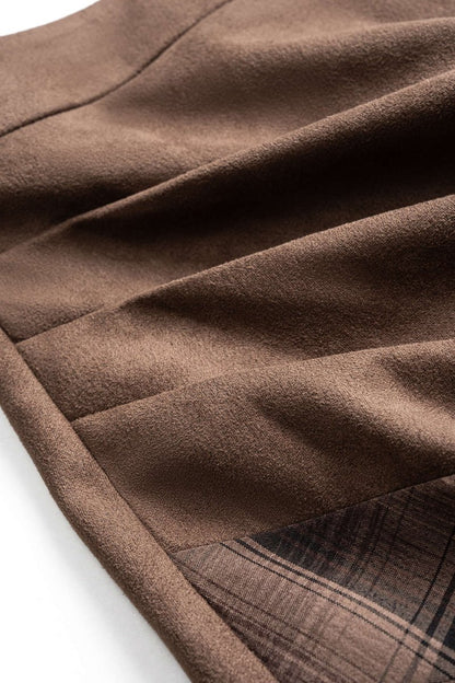 Suede Patchwork Plaid Print High Waist Skirt - MISMIMCWBK2509190038-BROWN-XS