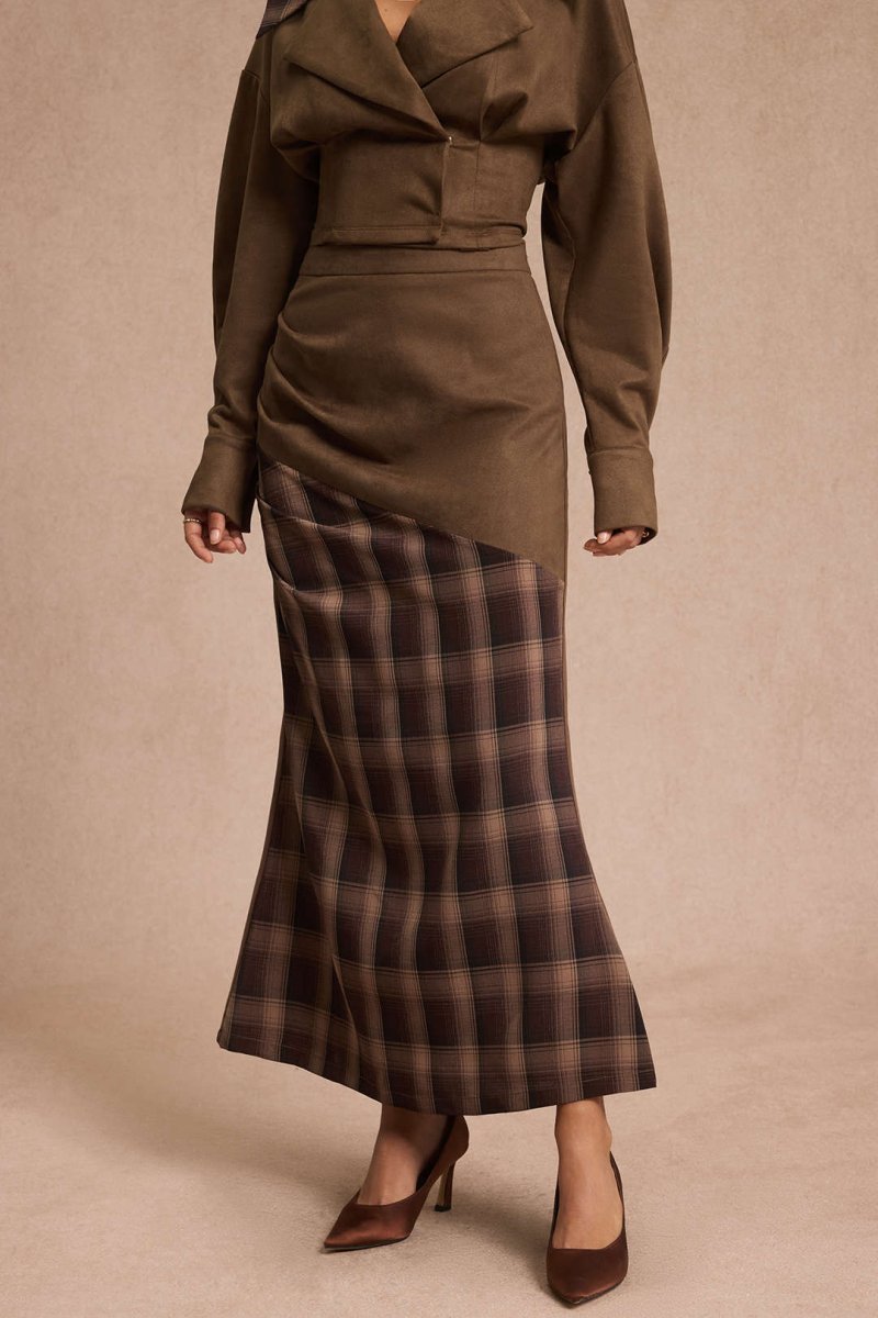 Suede Patchwork Plaid Print High Waist Skirt - MISMIMCWBK2509190038-BROWN-XS