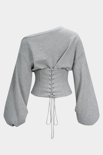 Tie - Back Asymmetrical Shoulder Corset Waist Sweatshirt - MISMIMCWTH2509220130-PEARL RIVER-XS
