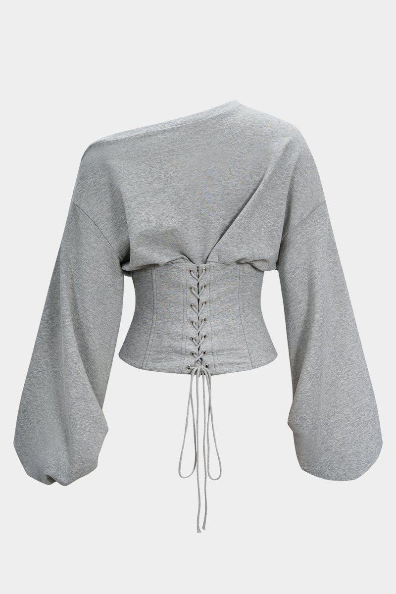 Tie - Back Asymmetrical Shoulder Corset Waist Sweatshirt - MISMIMCWTH2509220130-PEARL RIVER-XS