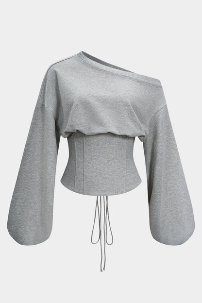 Tie - Back Asymmetrical Shoulder Corset Waist Sweatshirt - MISMIMCWTH2509220130-PEARL RIVER-XS