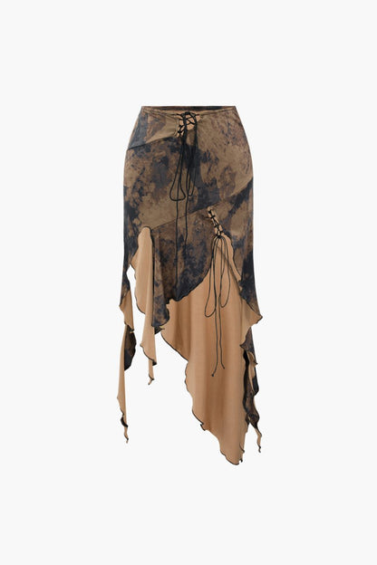 Tie Dye Asymmetric Ruffle Hem Skirt - MISMIMCWBK2303090202-CARAMEL-XS