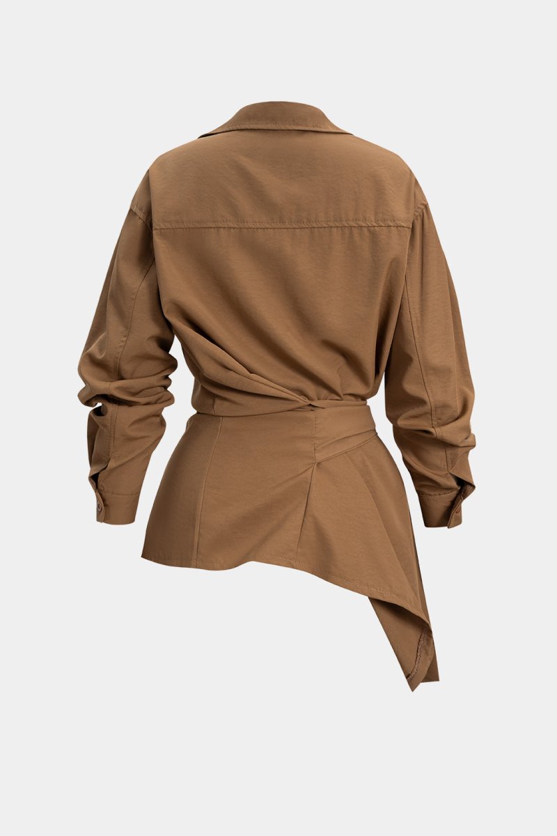 Tie - Front Button Short - Sleeve Shirt - MISMIMCWTV2510110139-BROWN-S