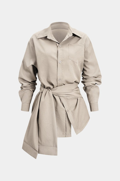 Tie - Front Button Short - Sleeve Shirt - MISMIMCWTV2510110139-KHAKI-S