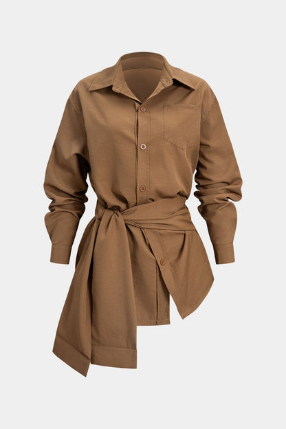 Tie - Front Button Short - Sleeve Shirt - MISMIMCWTV2510110139-BROWN-S