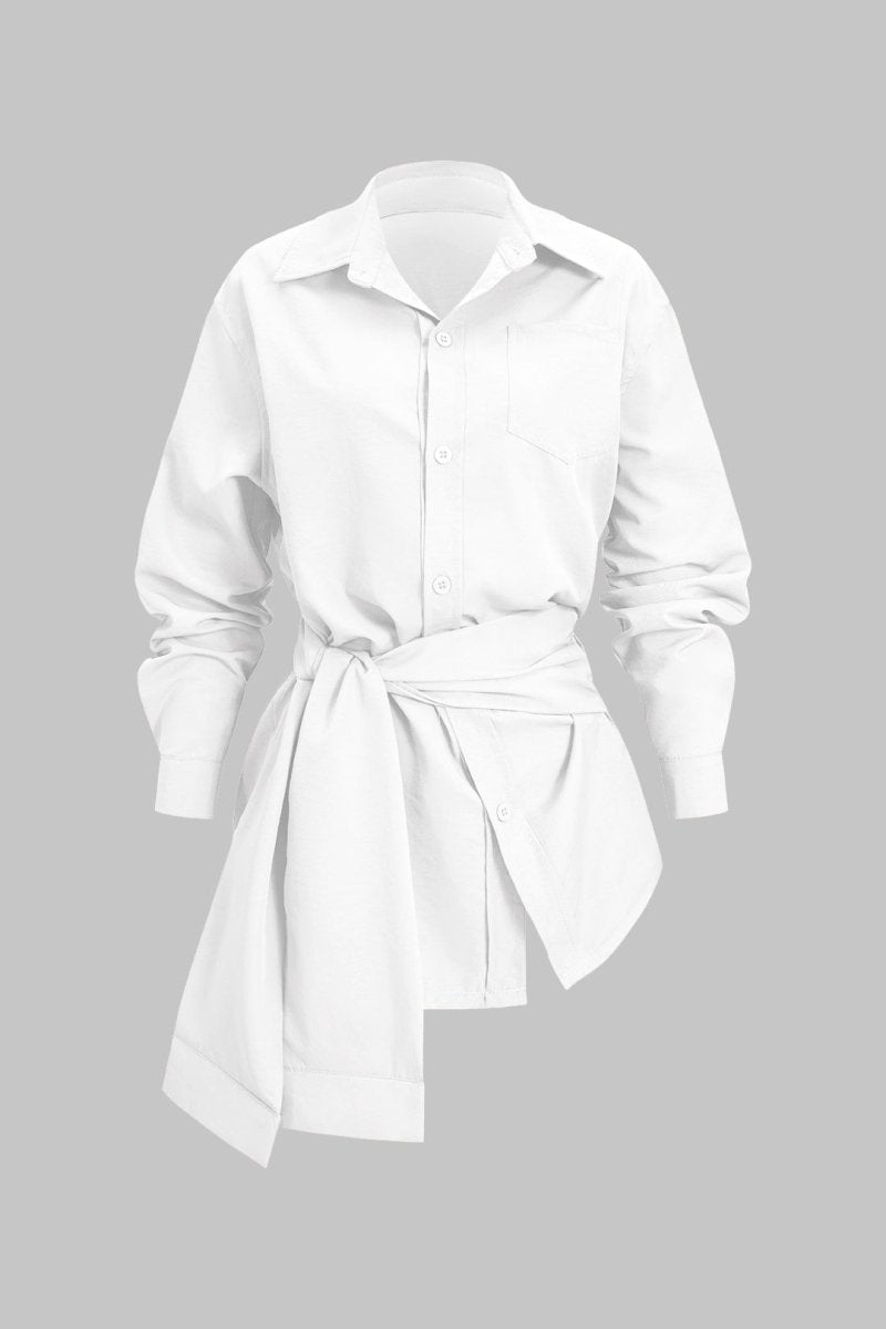 Tie - Front Button Short - Sleeve Shirt - MISMIMCWTV2510110139-WHITE-S