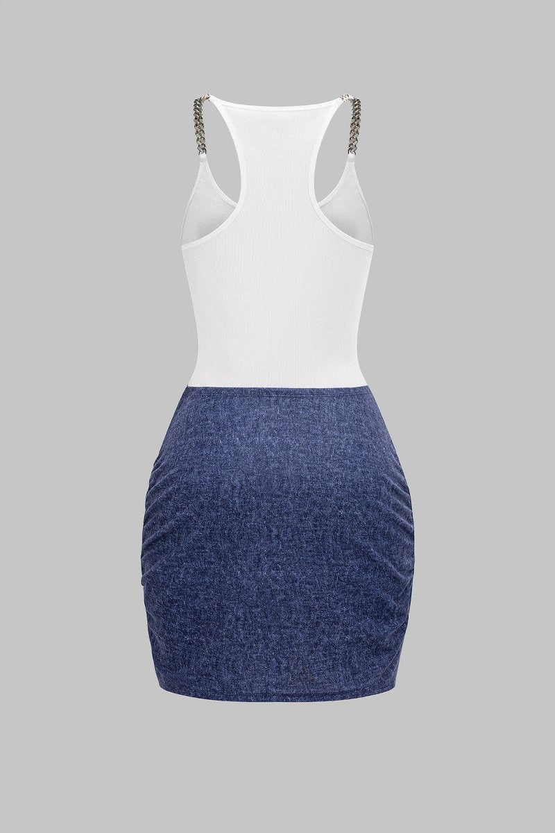 Tie Front Ruched Metallic Chain Patchwork Sleeveless Mini Dress - MISMIMCWDC2505120101-WHITE-XS