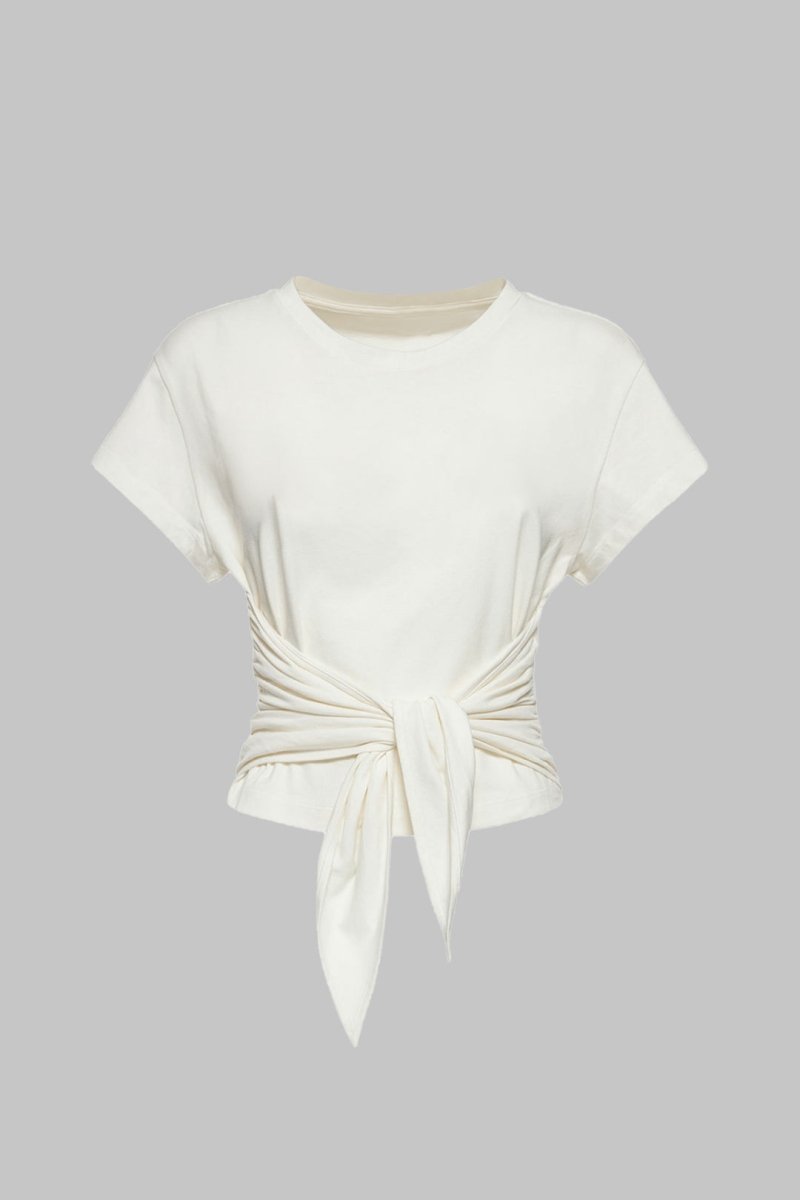 Tie Front Ruched Short Sleeve T-Shirt - MISMIMCWTS2504290095-IVORY-XS