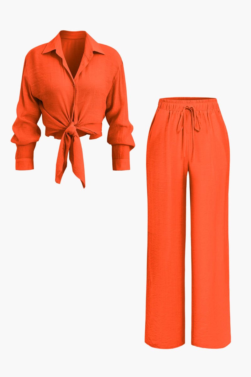 Tie Front Shirt And Wide Leg Pants Set - MISMIMCWSC2405200135-ORANGE YELLOW-XS