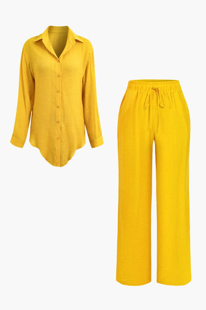 Tie Front Shirt And Wide Leg Pants Set - MISMIMCWSC2405200135-MUSTARD-XS