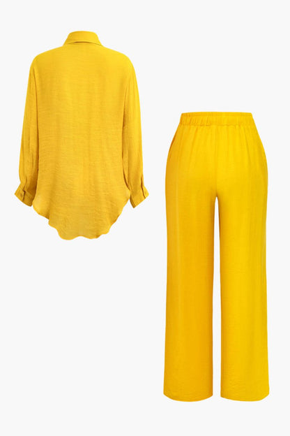 Tie Front Shirt And Wide Leg Pants Set - MISMIMCWSC2405200135-MUSTARD-XS