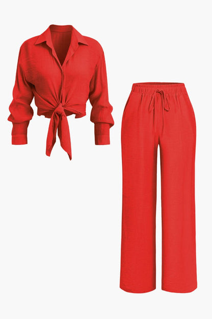 Tie Front Shirt And Wide Leg Pants Set - MISMIMCWSC2405200135-RED-XS