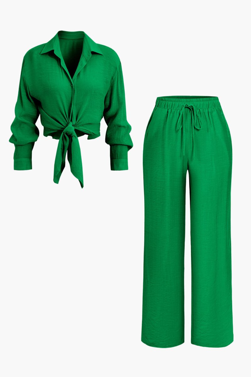 Tie Front Shirt And Wide Leg Pants Set - MISMIMCWSC2405200135-GREEN-XS