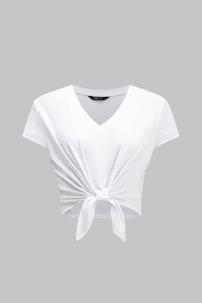 Tie Front Short Sleeve T-Shirt - MISMIMCWTS2502240138-OPTICAL WHITE-XS