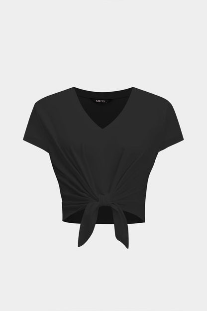 Tie Front Short Sleeve T-Shirt - MISMIMCWTS2502240138-BLACK-XS