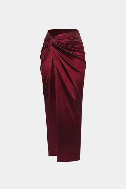 Twist Detail High Slit Midi Skirt - MISMIMCWBK2208190007-BURGUNDY-XS
