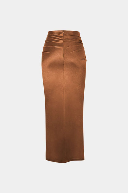 Twist Detail High Slit Midi Skirt - MISMIMCWBK2208190007-BROWN-XS