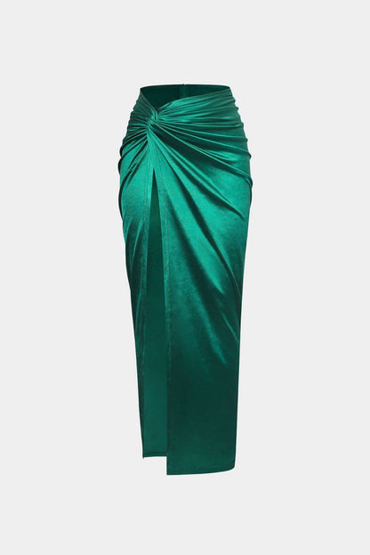 Twist Detail High Slit Midi Skirt - MISMIMCWBK2208190007-GREEN-XS