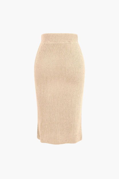 V - neck Long Sleeve Sweater And Skirt Set - MISMIMCWKC2309060033-BEIGE-S