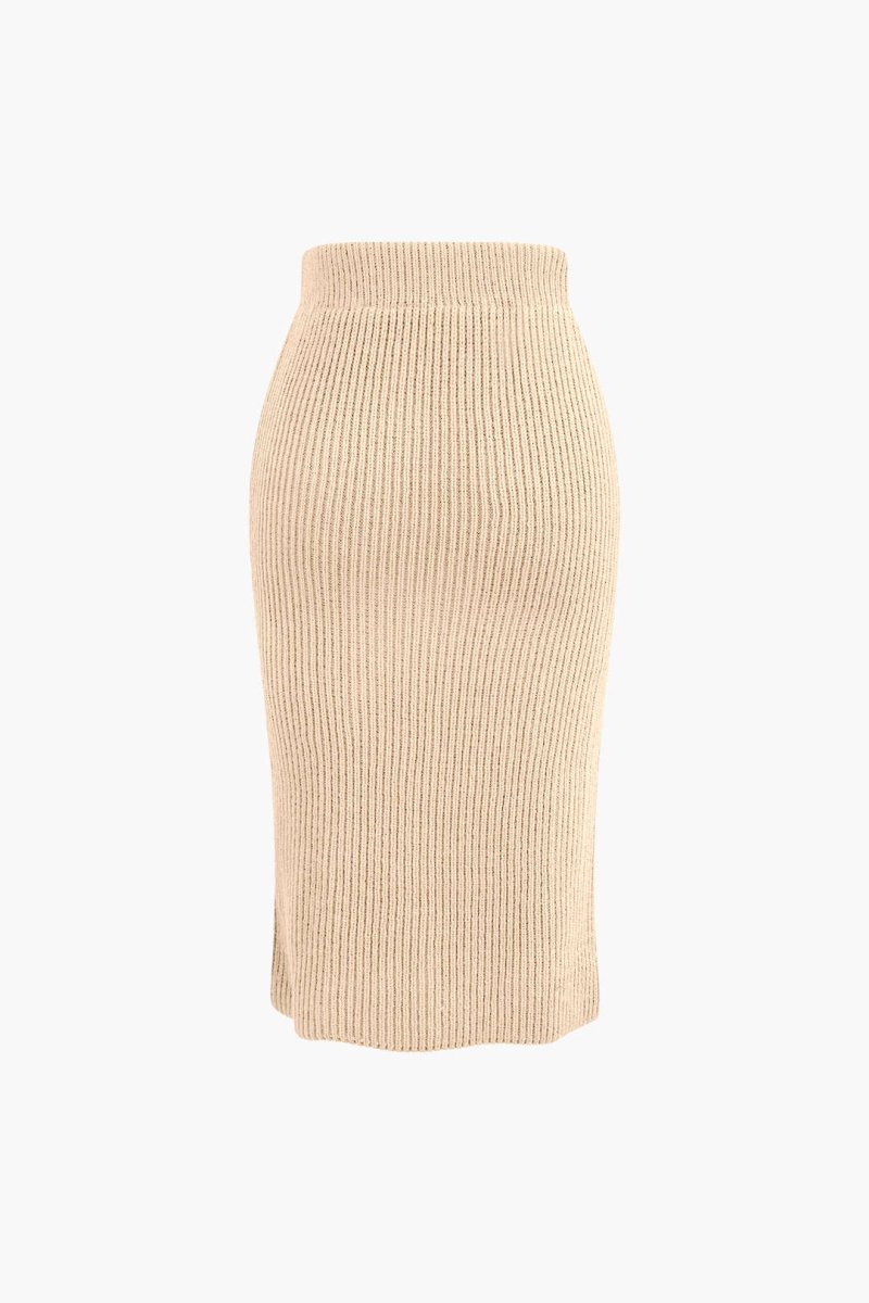 V - neck Long Sleeve Sweater And Skirt Set - MISMIMCWKC2309060033-BEIGE-S