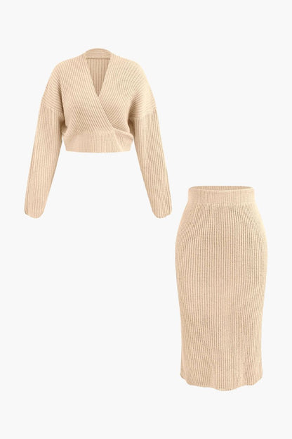 V - neck Long Sleeve Sweater And Skirt Set - MISMIMCWKC2309060033-BEIGE-S