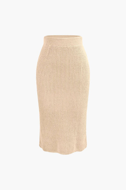 V - neck Long Sleeve Sweater And Skirt Set - MISMIMCWKC2309060033-BEIGE-S