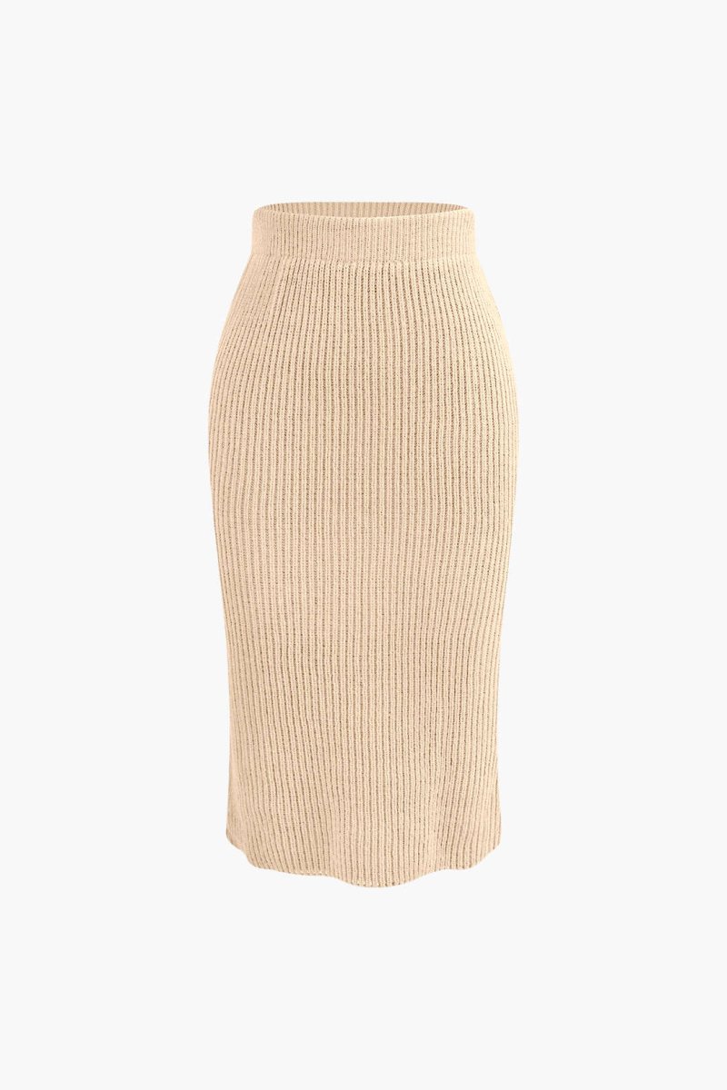 V - neck Long Sleeve Sweater And Skirt Set - MISMIMCWKC2309060033-BEIGE-S