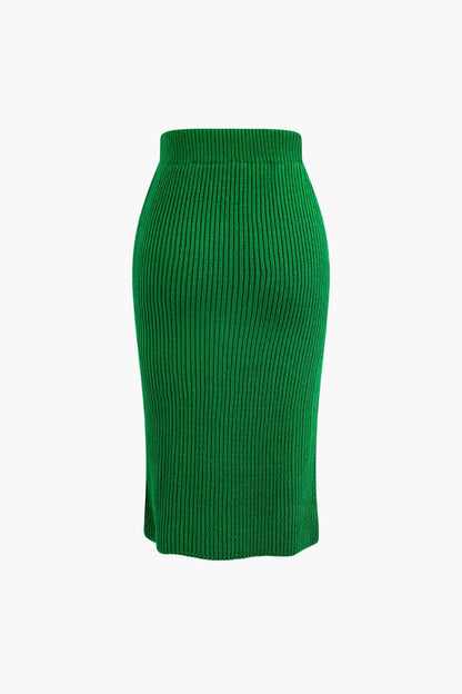 V - neck Long Sleeve Sweater And Skirt Set - MISMIMCWKC2309060033-GREEN-XS