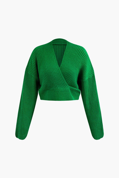 V - neck Long Sleeve Sweater And Skirt Set - MISMIMCWKC2309060033-GREEN-XS