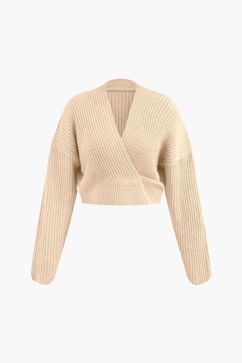 V - neck Long Sleeve Sweater And Skirt Set - MISMIMCWKC2309060033-BEIGE-S