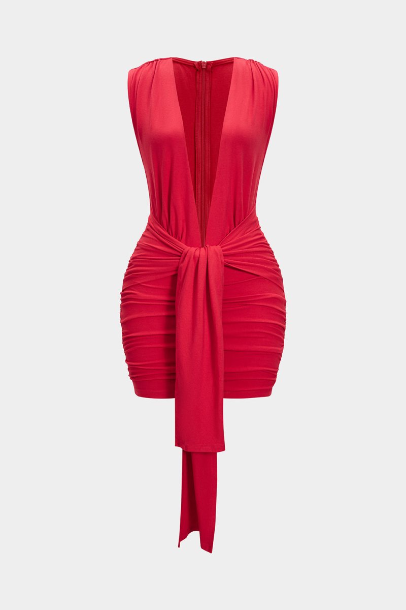 V - Neck Tie Front Ruched Sleeveless Mini Dress - MISMIMCWDC2504010013-RED-XS