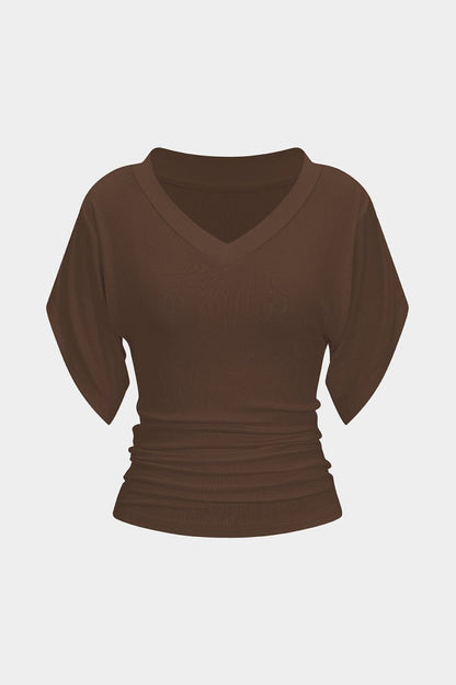 V - Neck Waist - Cinching Ruched T-Shirt - MISMIMCWTS2507020129-COFFEE-XS