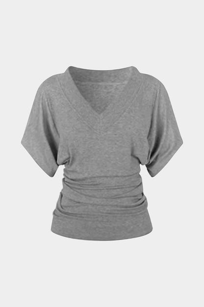 V - Neck Waist - Cinching Ruched T-Shirt - MISMIMCWTS2507020129-GRAY-XS