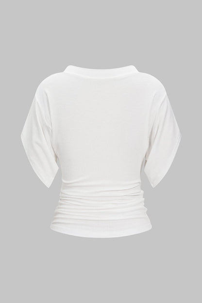 V - Neck Waist - Cinching Ruched T-Shirt - MISMIMCWTS2507020129-WHITE-XS