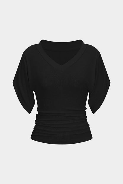 V - Neck Waist - Cinching Ruched T-Shirt - MISMIMCWTS2507020129-BLACK-XS