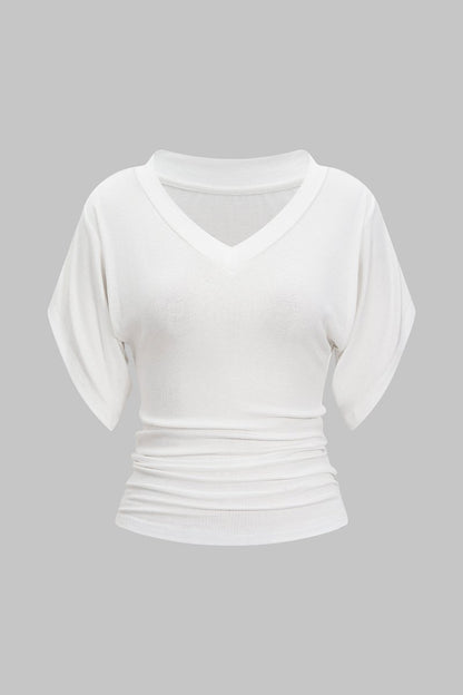 V - Neck Waist - Cinching Ruched T-Shirt - MISMIMCWTS2507020129-WHITE-XS