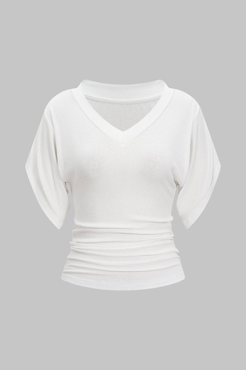 V - Neck Waist - Cinching Ruched T-Shirt - MISMIMCWTS2507020129-WHITE-XS