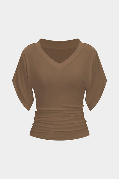 V - Neck Waist - Cinching Ruched T-Shirt - MISMIMCWTS2507020129-MOCHA-XS