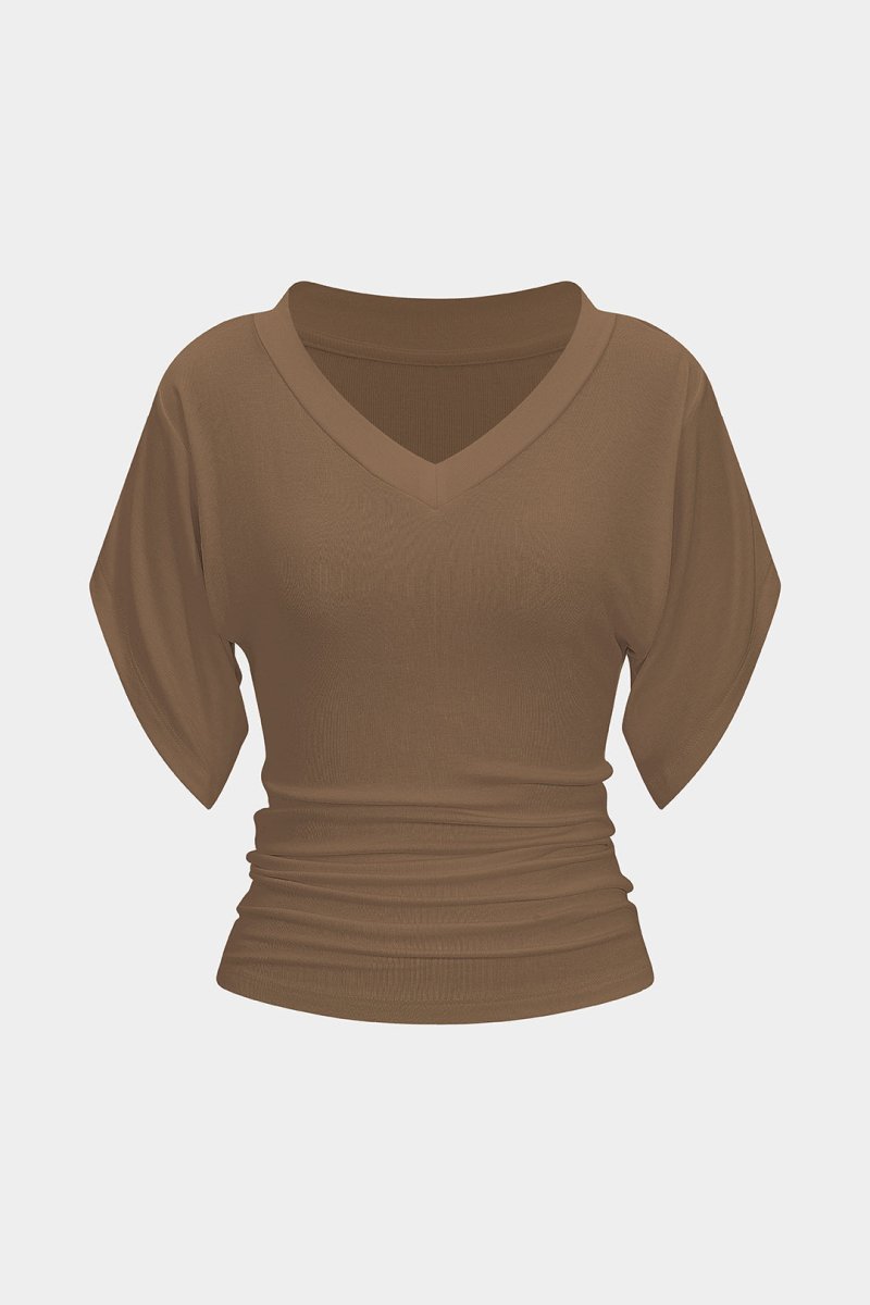 V - Neck Waist - Cinching Ruched T-Shirt - MISMIMCWTS2507020129-MOCHA-XS