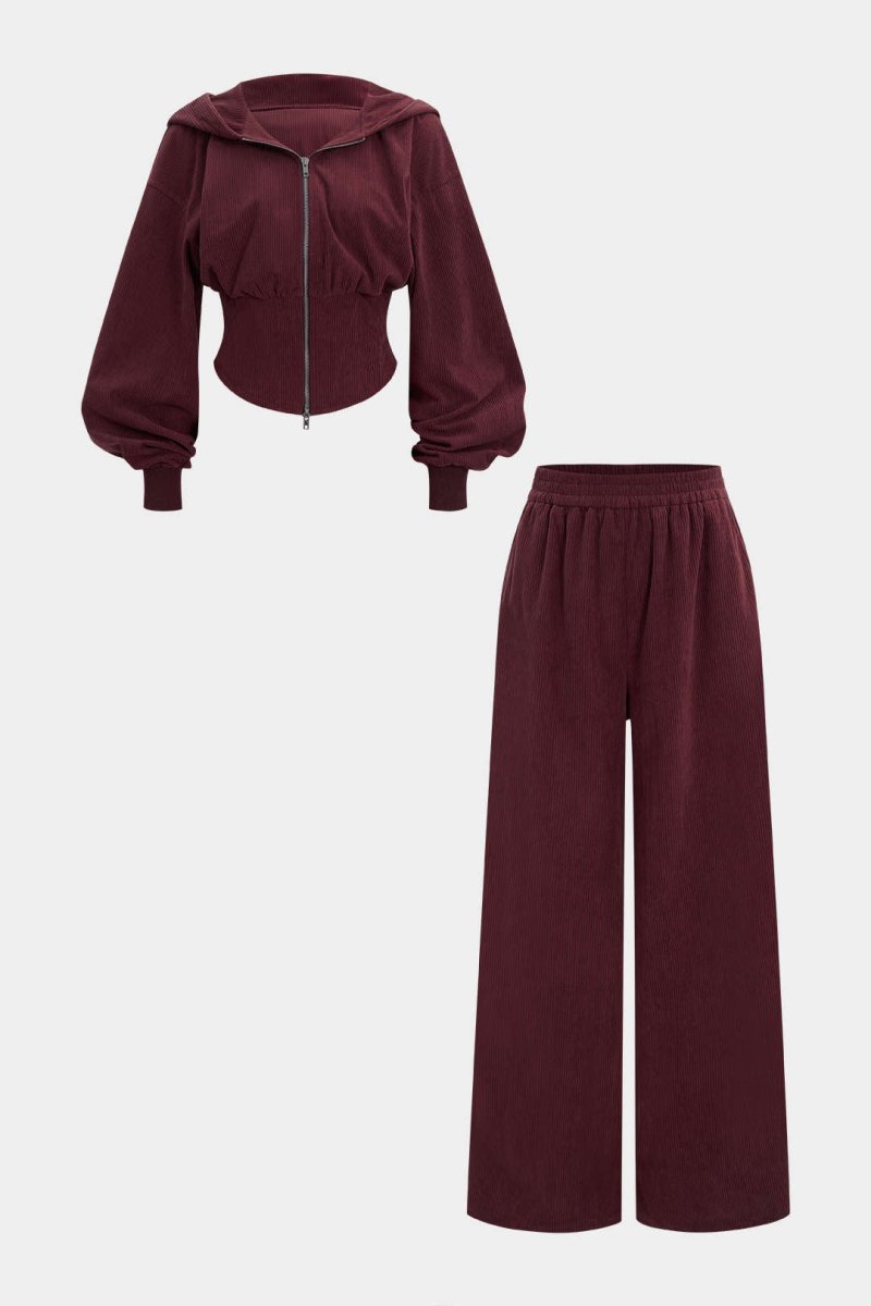 Waist - Cinching Zipper Hoodie And Shirred Waistband Pants Set - MISMIMCWSC2509080028-BURGUNDY-XS