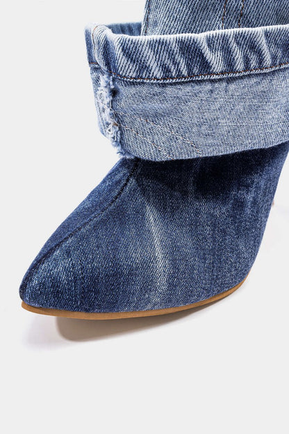 Washed Denim Wrinkled Patchwork Pointed Mid Calf Boots - MISMIMCSBM2507230289-LIGHT WASH BLUE-37