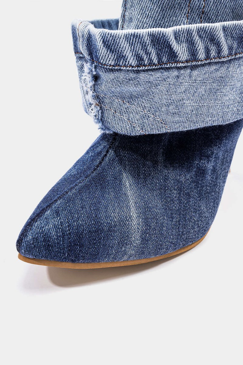 Washed Denim Wrinkled Patchwork Pointed Mid Calf Boots - MISMIMCSBM2507230289-LIGHT WASH BLUE-37