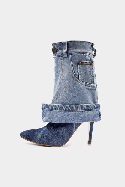 Washed Denim Wrinkled Patchwork Pointed Mid Calf Boots - MISMIMCSBM2507230289-LIGHT WASH BLUE-37
