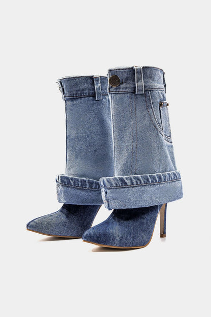 Washed Denim Wrinkled Patchwork Pointed Mid Calf Boots - MISMIMCSBM2507230289-LIGHT WASH BLUE-37