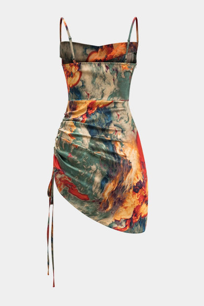 Watercolor Print Satin Ruched Drawstring Slip Mini Dress - MISMIMCWDC2412250027-MULTICOLOR-XS
