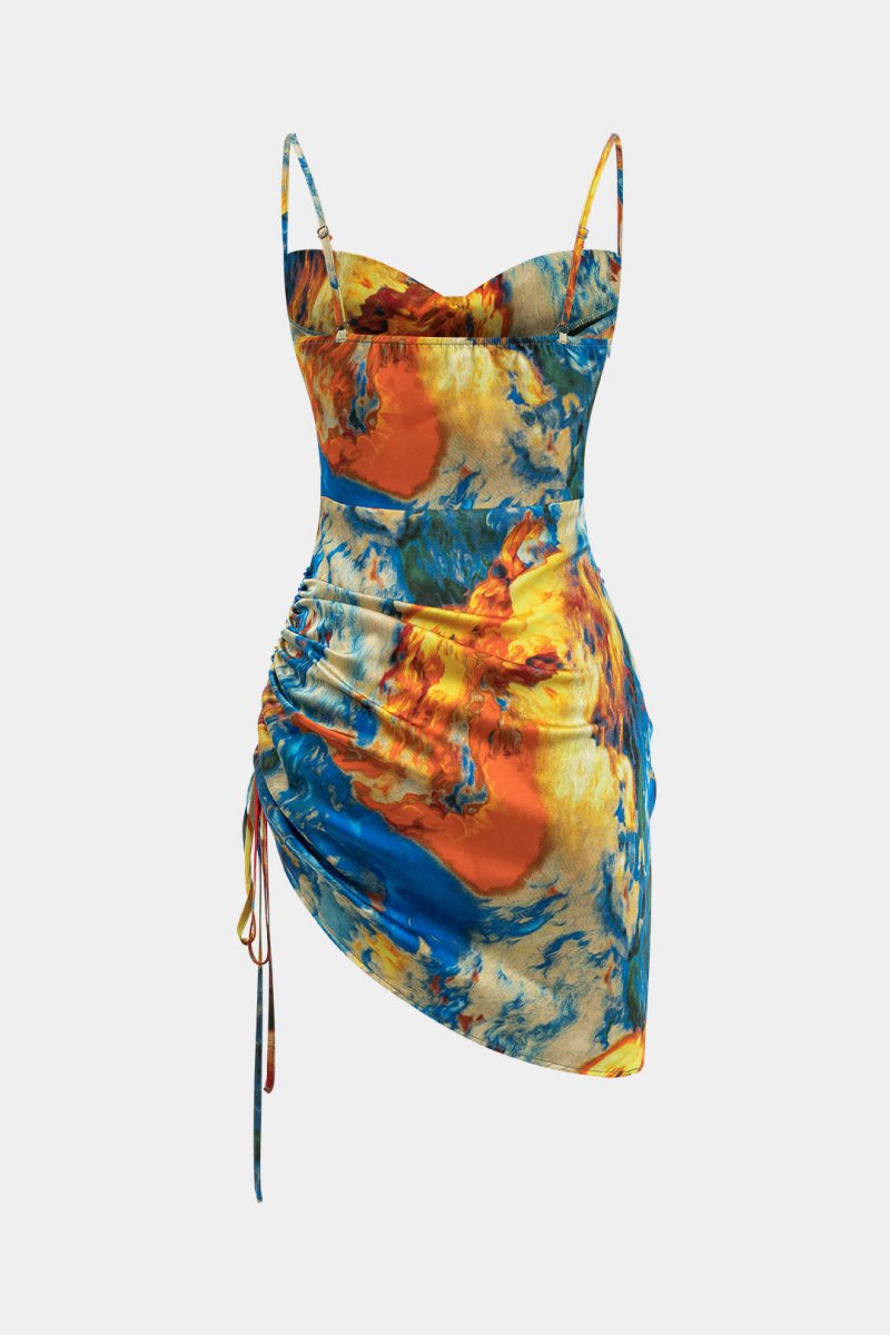 Watercolor Print Satin Ruched Drawstring Slip Mini Dress - MISMIMCWDC2412250027-BLUE-XS