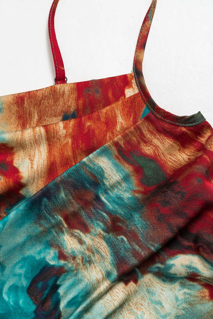 Watercolor Print Satin Ruched Drawstring Slip Mini Dress - MISMIMCWDC2412250027-GREEN-XS