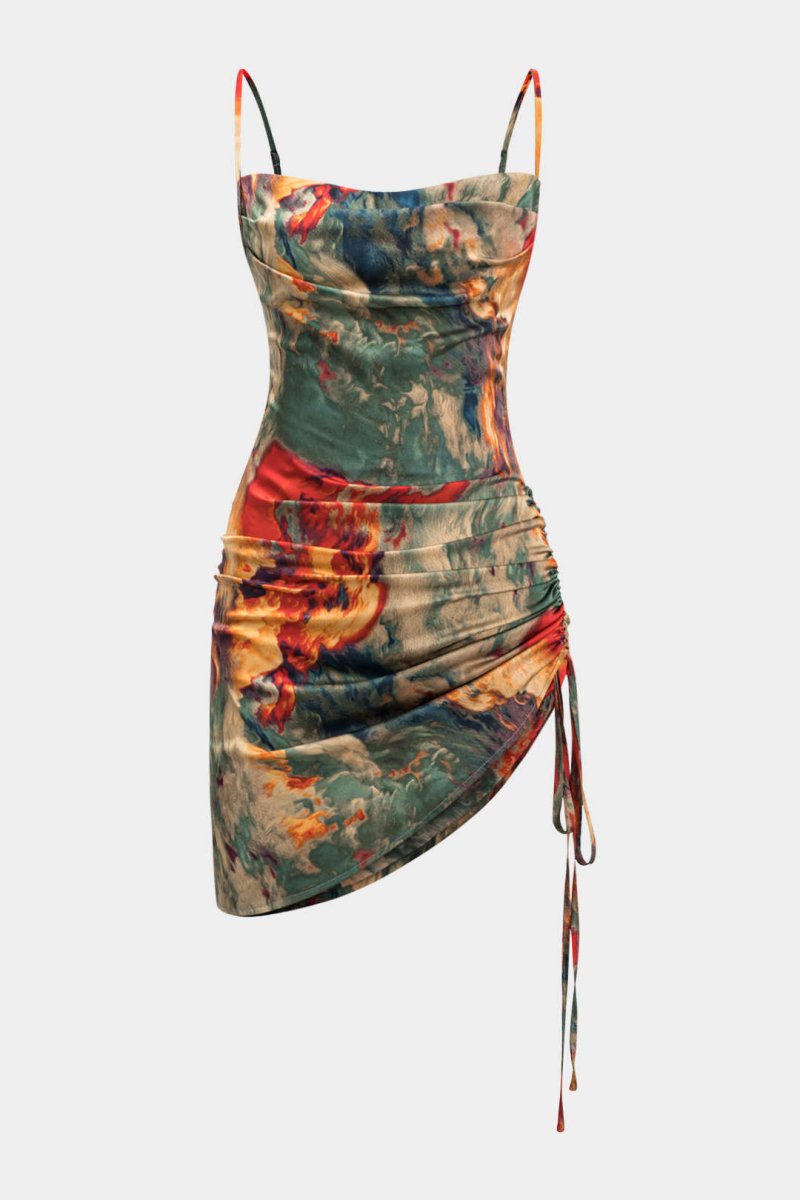 Watercolor Print Satin Ruched Drawstring Slip Mini Dress - MISMIMCWDC2412250027-MULTICOLOR-XS
