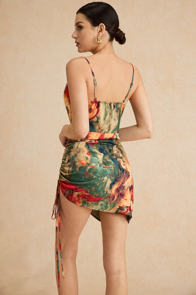 Watercolor Print Satin Ruched Drawstring Slip Mini Dress - MISMIMCWDC2412250027-BLUE-XS