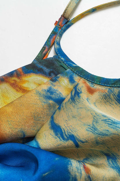 Watercolor Print Satin Ruched Drawstring Slip Mini Dress - MISMIMCWDC2412250027-BLUE-XS